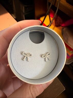Sparkling Bow Stud Earrings - Silver Crystal Accent